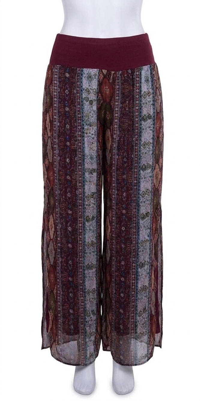 NEW GIGI MODA jasmin geometric flower slit pant in burgundy